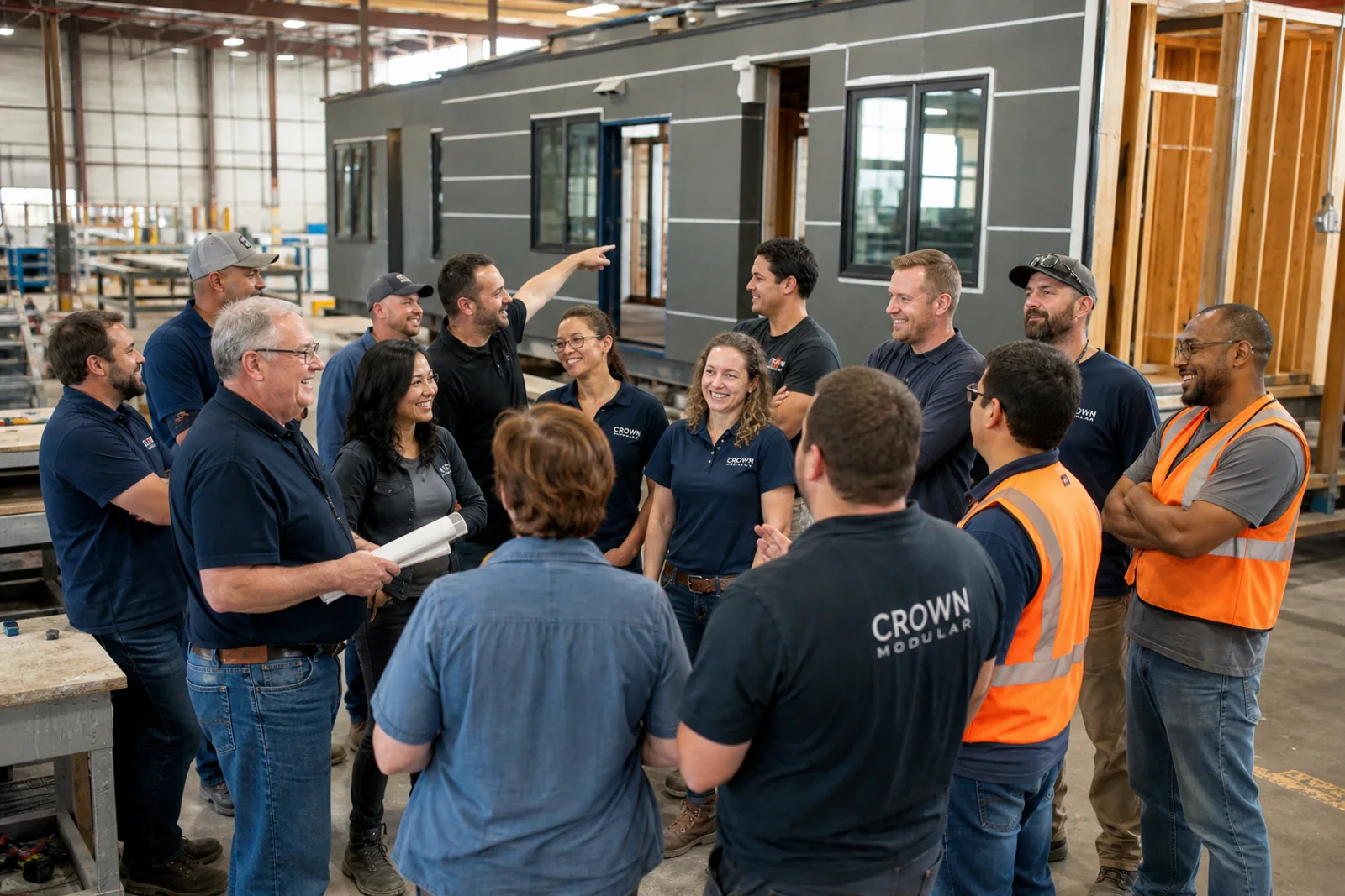 Crown Modular project specialists inside a modular building factory